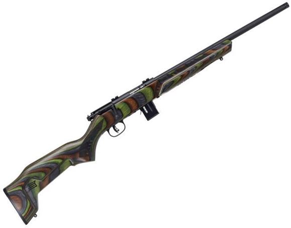 Picture of Savage Arms Minimalist Series, 93R17 Rimfire Bolt Action Rifle - 17 HMR, 18", Black, Carbon Steel, Green Minimalist Laminate Stock, 2 Piece Weaver Base, Threaded Muzzle, 10rds, AccuTrigger