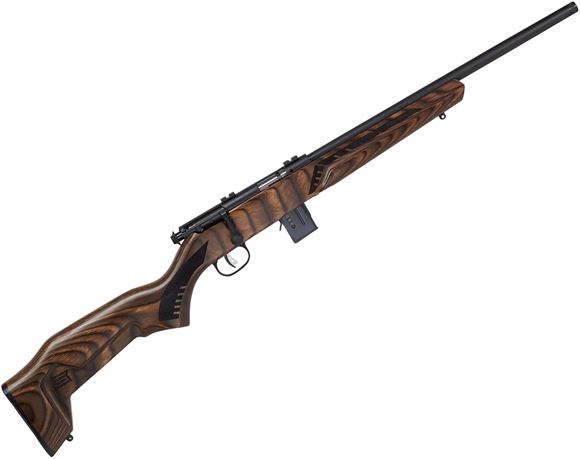 Picture of Savage Arms Minimalist Series, 93R17 Rimfire Bolt Action Rifle - 17 HMR, 18", Black, Carbon Steel, Brown Minimalist Laminate Stock, 2 Piece Weaver Base, Threaded Muzzle, 10rds, AccuTrigger