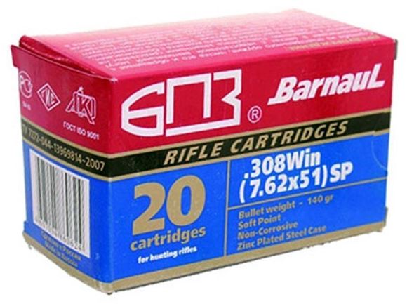 Picture of BarnauL Rifle Ammo - 308 Win (7.62x51mm), 168Gr, SP, Zinc Plated Steel Case, Non-Corrosive, 20rds Box