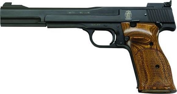 Picture of Smith & Wesson (S&W) Model 41 Rimfire Semi-Auto Pistol - 22 LR, 7", Blued, Wood Target Grip, 10rds, Patridge Front & Adjustable Rear Sights