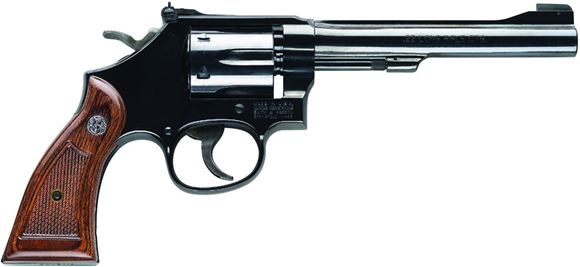 Picture of Smith & Wesson (S&W) Classic Model 17-9 Masterpiece DA/SA Revolver - 22 LR, 6", Blue Carbon Steel, Medium Frame (K), Wood Grip, 6rds, Pinned Patridge Front & Micro Adjustable Rear Sights