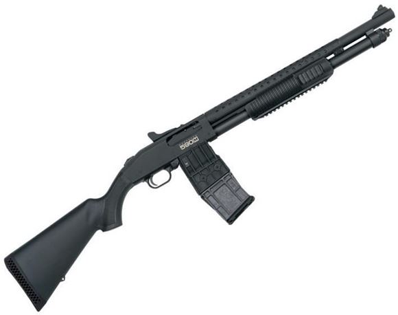 Picture of Mossberg 590M Mag Fed Pump Action Shotgun - 12Ga, 2 3/4", 18.5", Heat Shield, Matte Blued, Black Synthetic Stock, Ghost Ring Sights, Fixed Cylinder, 10rds Detachable Magazine