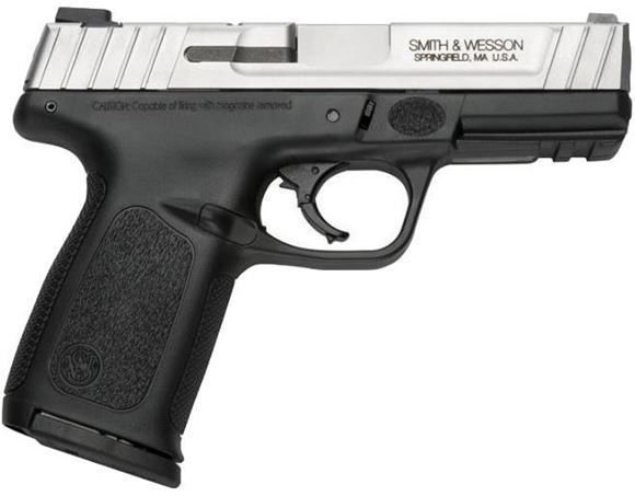 Picture of Smith & Wesson (S&W) Model S&W SD40 VE Striker Fired Action Semi-Auto Pistol - 40 S&W, 4-1/4", Stainless Steel, Polymer Frame, Two-Tone, Textured Polymer Grip, 2x10rds, White Dot Front & Fixed 2-Dot Rear Sights