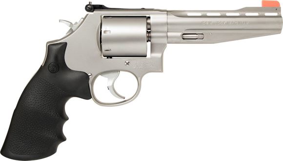 Picture of Smith & Wesson (S&W) Model 686 Plus DA/SA Revolver - 357 Mag, 5", Satin Stainless Steel Frame & Cylinder, Medium Frame (L), Rubber Molded Grip, 7rds, Thumb Speed Cylinder Release, Orange Ramp Front & Adjustable Rear Sights, Tuned Action