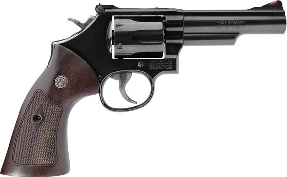 Picture of Smith & Wesson (S&W) Classic Model 19-9 DA/SA Revolver - 357 Mag, 4.25", Bright Blued Carbon Steel, Medium Frame (K), Checkered Walnut Grip, 6rds, Red Ramp Front & Micro Adjustable w/Cross Serrations Rear Sights