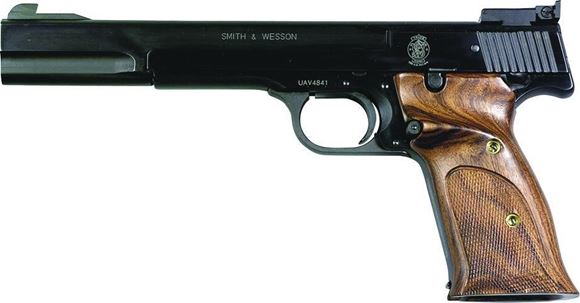 Picture of Smith & Wesson (S&W) Model 41 Rimfire Semi-Auto Pistol - 22 LR, 5-1/2", Blue, Carbon Steel, Wood Target Grip, 10rds, Patridge Front & Adjustable Rear Sights