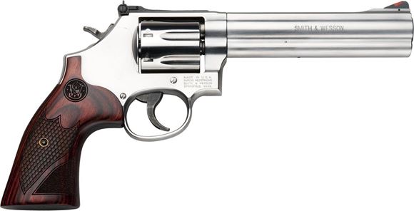 Picture of Smith & Wesson (S&W) Model 686-6 Deluxe DA/SA Revolver - 357 Mag, 6", Stainless Steel Frame & Cylinder, Medium Frame (L), Textured Wood Grip, 7rds, Red Ramp Front & Adjustable White Outline Rear Sights