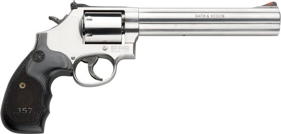 Picture of Smith & Wesson (S&W) Model 686-6 - 357 Magnum Series DA/SA Revolver - 357 Mag, 7", Satin Stainless Steel, Unfluted Cylinder, Medium Frame (L), Black/Silver "357" Custom Wood Grip, 7rds, Red Ramp Front & Adjustable White Outline Rear Sights