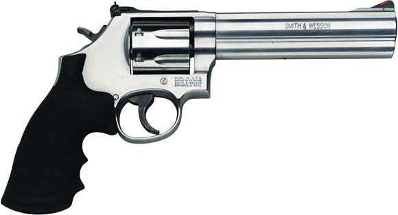 Picture of Smith & Wesson (S&W) Model 686-6 Plus DA/SA Revolver - 357 Mag, 6", Satin Stainless Steel Frame & Cylinder, Medium Frame (L), Synthetic Grip, 7rds, Red Ramp Front & Adjustable White Outline Rear Sights