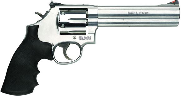 Picture of Smith & Wesson (S&W) Model 686-6 DA/SA Revolver - 357 Mag, 6", Satin Stainless Steel Frame & Cylinder, Medium Frame (L), Synthetic Grip, 6rds, Red Ramp Front & Adjustable Rear Sights