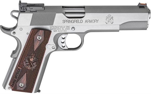 Picture of Springfield Armory 1911 A1 Ranger Officer Target Semi-Auto Handgun - 45 Auto, 5", Stainless Steel, Diamond Checker Wood Grip w/ Springfield Logo, Adjustable Rear Target Sight & Fiber Optic Front, 2x10rds, Soft Case