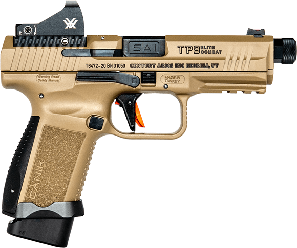Picture of Canik TP-9 SF Elite Combat with Vortex Vemon Semi-Auto Pistol - 9mm, 4.73", Salient Arms Threaded Barrel, FDE Cerakote, FDE Polymer Frame, Aluminum Flat Trigger, 2x10rds (One Mag w/ Base Pad), Salient Arms Fiber-Optic Sight, Bot