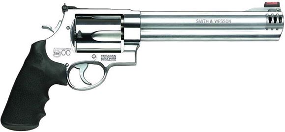 Picture of Smith & Wesson (S&W) Model S&W 500 DA/SA Revolver - 500 S&W Mag, 8-3/8", Satin Stainless Steel, X-Large Frame (X), Synthetic Grip, 5rds, Hi-Viz Interchangable Front & Adjustable White Outline Rear Sights