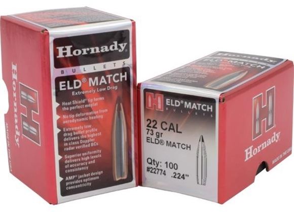 Picture of Hornady Rifle Bullets, ELD Match - 22 Caliber (.224"), 73Gr, ELD Match Boat Tail , 100ct Box