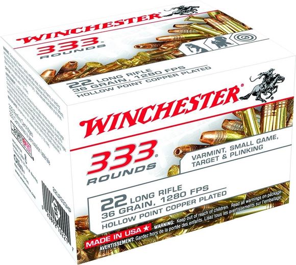 Winchester 333 Rounds Rimfire Ammo - 22 LR, 36Gr, LHP Lubaloy Plated, 333rds Box, 1280fps