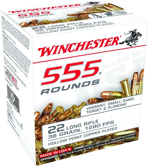 Winchester 555 Rounds Rimfire Ammo - 22 LR, 36Gr, Copper Plated Hollow Point, 555rds Box, 1280fps