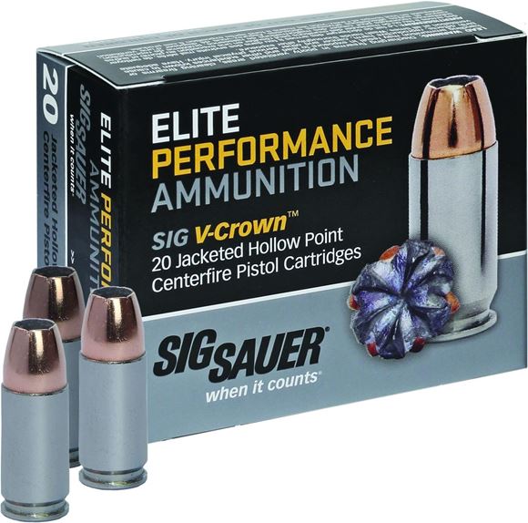 Picture of Sig Sauer Elite Performance Handgun Ammo - 9mm Luger, 147Gr, V-Crown JHP, 20rds Box, 985fps