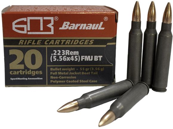 Picture of BarnauL Rifle Ammo - 223 Rem (5.56x45), 55Gr, FMJ BT, Polycoated  Steel Case, Non-Corrosive, 20rds Box