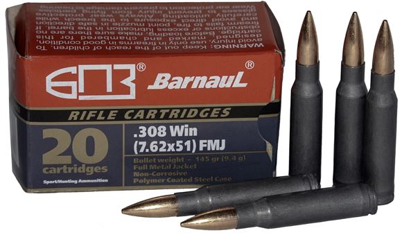 Picture of BarnauL Rifle Ammo - 308 Win (7.62x51mm), 145Gr, FMJ, Lacquered Steel Case, Non-Corrosive, 20rds Box