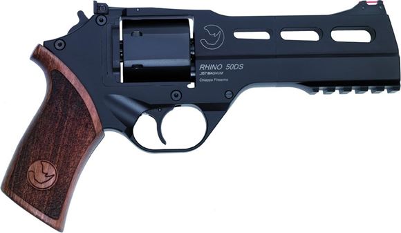 Picture of Chiappa Rhino 50DS DA/SA Revolver - 357 Mag, 5", Black, Wooden Medium Grip, 6rds, w/Moonclips, Blade fluo Front & Adjustable Rear Sights