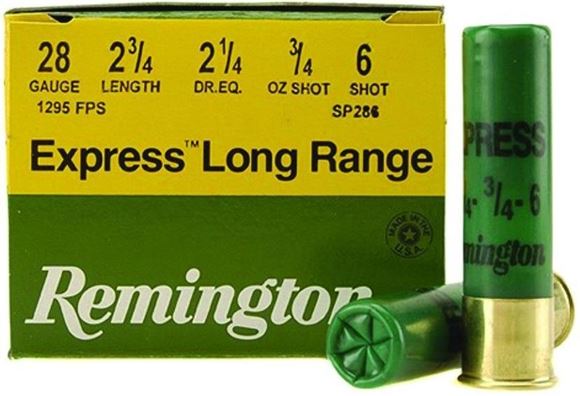 Remington Upland Loads, Express Extra Long Range Load Shotgun Ammo - 28Ga, 2-3/4", 2-1/4 DE, 3/4oz, #6, 25rds Box, 1295fps