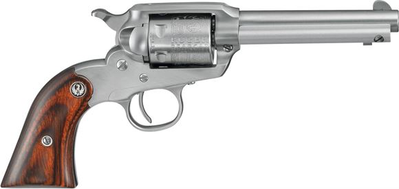 Picture of Ruger New Bearcat Rimfire Single Action Revolver - 22 LR, 4.20", Satin Stainless, Stainless Steel, Hardwood Grips, 6rds, Blade Front & Integral Notch Rear Sights
