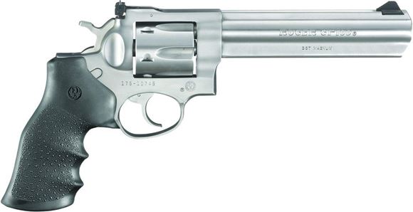 Picture of Ruger GP100 DA/SA Revolver - 357 Mag, 6", Satin Stainless, Stainless Steel, Hogue Monogrip Grips, 6rds, Ramp Front & Adjustable Rear Sights
