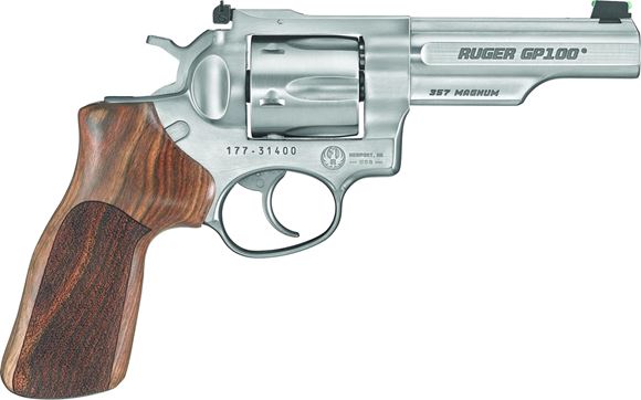 Picture of Ruger GP100 Match Champion DA/SA Revolver - 357 Mag, 4.2", Satin Stainless, Stainless Steel, Hogue Stippled Hardwood Grips, 6rds, Fiber Optic Front & Adjustable Rear Sights