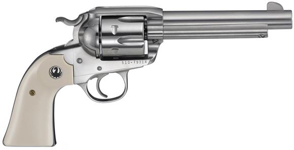 Picture of Ruger Vaquero Bisley Single Action Revolver - 357 Mag, 5.50", High-Gloss Stainless, Stainless Steel, Simulated Ivory Grips, 6rds, Fixed Sights
