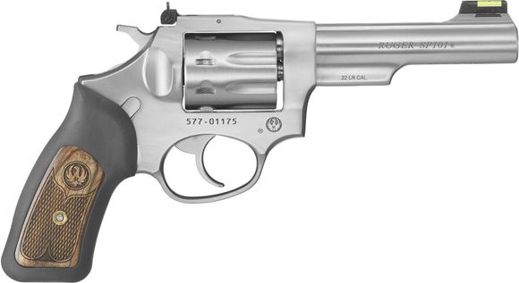 Picture of Ruger SP101 Rimfire DA/SA Revolver - 22 LR, 4.20", Satin Stainless, Stainless Steel, Black Rubber Engraved Wood Grips, 8rds, Fiber Optic Front & Adjustable Rear Sights
