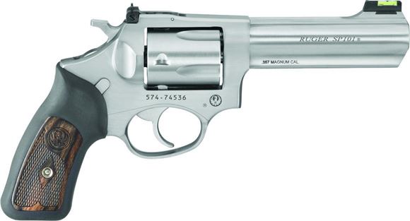 Picture of Ruger SP101 DA/SA Revolver - 357 Mag, 4.20", Satin Stainless, Stainless Steel, Black Rubber Engraved Wood Grips, 5rds, Fiber Optic Front & Adjustable Rear Sights