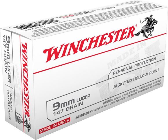Picture of Winchester "USA" 9mm Luger 147gr JHP Pistol Ammo, 990 FPS, 50rd Box