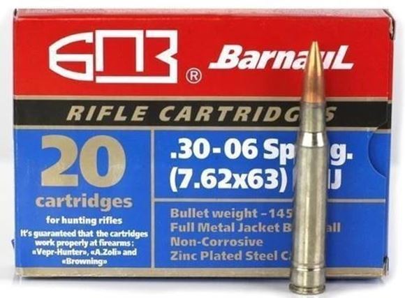 Picture of BarnauL Rifle Ammo - 30-06 Sprg (7.62x63mm), 145Gr, FMJ, Zinc Plated Steel Case, Non-Corrosive, 500rds Case
