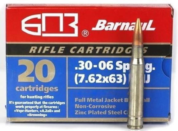 Picture of BarnauL Rifle Ammo - 30-06 Sprg (7.62x63mm), 168Gr, FMJ, Zinc Plated Steel Case, Non-Corrosive, 20rds Box