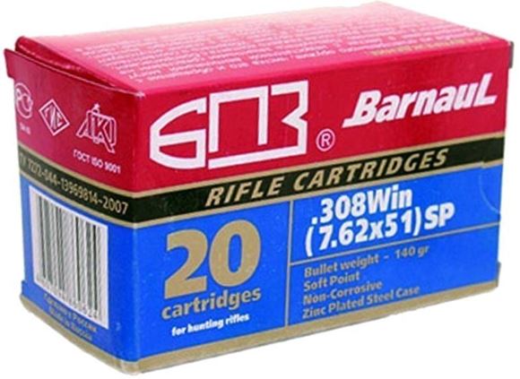 Picture of BarnauL Rifle Ammo - 308 Win (7.62x51mm), 168Gr, SP, Zinc Plated Steel Case, Non-Corrosive, 500rds Case