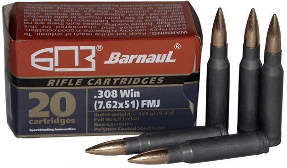 Picture of BarnauL Rifle Ammo - 308 Win (7.62x51mm), 145Gr, FMJ, Lacquered Steel Case, Non-Corrosive, 500rds Case