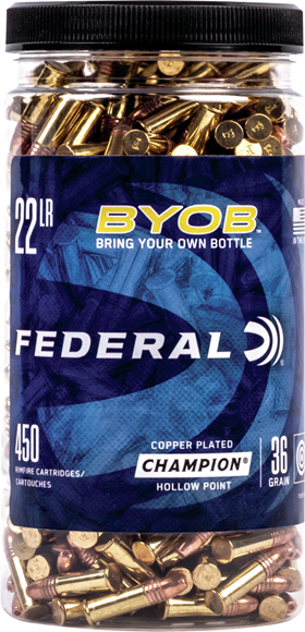 Federal Champion "BYOB" Rimfire Ammo - 22 LR, 36Gr, Copper-Plated Hollow Point, 450rds Plastic Bottle, 1260fps