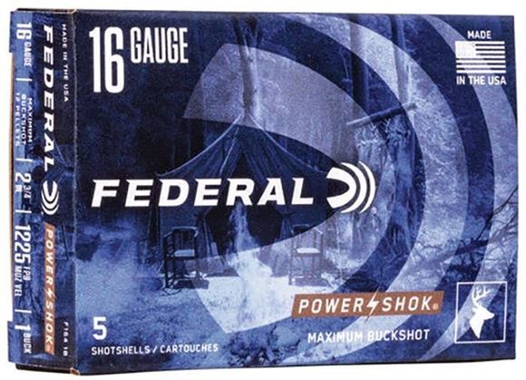 Picture of Federal Power-Shok Shotgun Ammo - 16Ga, 2-3/4'', MAX DE, #1 Buck, 12 Pellets, 1225fps, 250rds Case