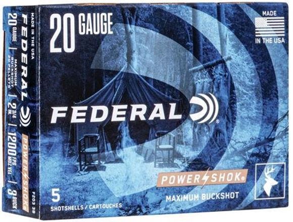 Picture of Federal Power-Shok Shotgun Ammo - 20Ga, 2-3/4'', MAX DE, #3 Buck, 20 Pellets, 1200fps, 50rds Brick