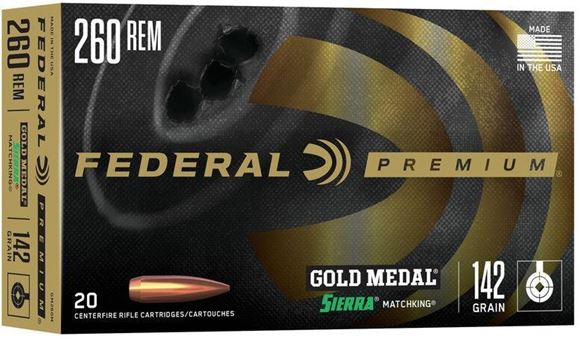 Picture of Federal Premium Gold Medal Rifle Ammo - 260 Rem, 142gr, Sierra MatchKing, 20rds Box