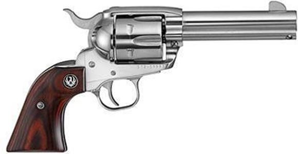 Picture of Ruger Vaquero Single Action Revolver - 45 Colt, 4.62", High-Gloss Stainless, Stainless Steel, Wood Target Grips, 6rds, Fixed Sights