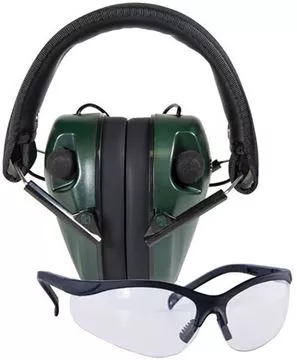 Picture of Caldwell Shooting Supplies Hearing & Eye Protection Set - E-Max Low Profile Electronic Hearing Protection, 23 NRR, (2xAAA), Pro Range Glasses