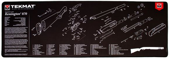 Picture of Tekmat Ultra 44, Remington 870 Bench Mat - Extra Thick Black Neoprene, with Exploded Parts View, 15"x44"