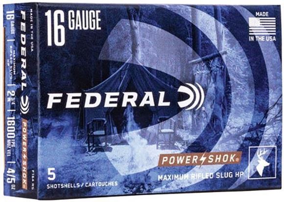 Federal Power-Shok Rifled Slugs Load Shotgun Ammo - 16Ga, 2-3/4", 4/5oz, HPRS, 5rds Box, 1600fps