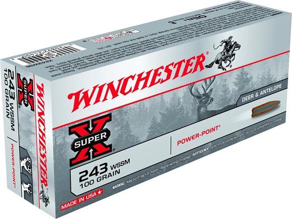 Winchester Super-X Power-Point Rifle Ammo - 243 WSSM, 100Gr, Pointed Soft Point, 20rds Box, 3110fps