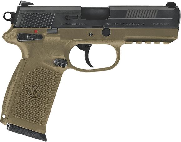 Picture of FN Herstal (FNH) FNX-45 DA/SA Semi-Auto Pistol - 45 ACP, 4.5", Cold Hammer-Forged Stainless Steel, Matte Black Stainless Steel Slide, Flat Dark Earth Polymer Frame, 3x10rds, Fixed 3-Dot Sights, Fully-Ambidextrous Slide Stop Levers & Magazine Release, w/R