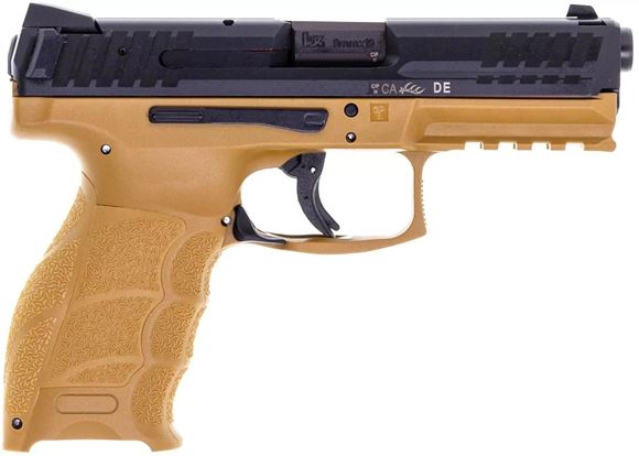 Picture of Heckler & Koch (H&K) SFP9-RAL8000, Striker Fired Single Action Semi-Auto Pistol - 9mm, 106mm, Polygonal Profile, Blued, Desert Tan Lower, Fiber-Reinforced Polymer Grip Frame, 2x10rds, Fixed Sights