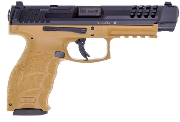 Picture of Heckler & Koch (H&K) SFP9L-OR PB RAL8000 Striker SA Semi-Auto Pistol - 9mm, 5", Polygonal Profile, Blued, Two Tone FDE Fiber-Reinforced Polymer Grip Frame, Optic Ready, Night Sights, Lower Rail, Ported Slide, Push-Button Mag Release, 2x10rds