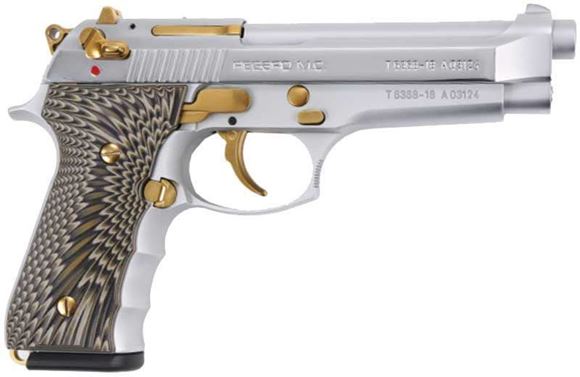 Picture of Girsan Regard MC Gold Pieced Semi Auto Pistol - 9mm, 4.9", Silver w/ Gold Parts, Wood Grips, Ambidextrous Safety, Lanyard Hole, White Dot Rear & Red Dot Front Sights, 2x10rds