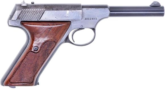Picture of Colt Huntsman Surplus Semi-Auto Rimfire Pistol -  22 LR, 4.5", Blued, Fixed Sights, Wood Grips, One Mag, Blue Wear & Pitting on Left Side of Slide, Fair Condition